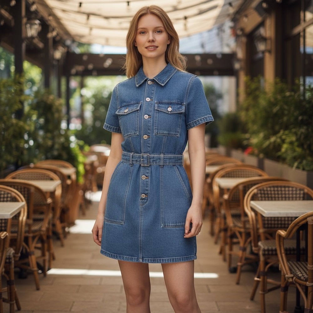 Good American Fit For Success Denim Mini Dress Blue Short Sleeve Belted Size S
